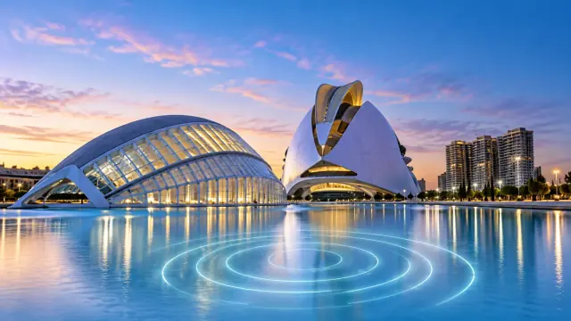 Valencia’s City of Arts and Sciences reflected in water at blue hour